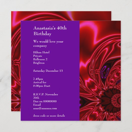 招待状誕生日フェイク抽象芸術シルクレッドパープル 招待状 (正面/裏面)