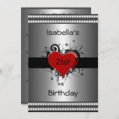 招待状誕生日赤いハートオンシルバー 招待状 (正面/裏面)