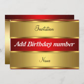 招待状金ゴールドと赤い誕生日パーティー 招待状 (正面/裏面)