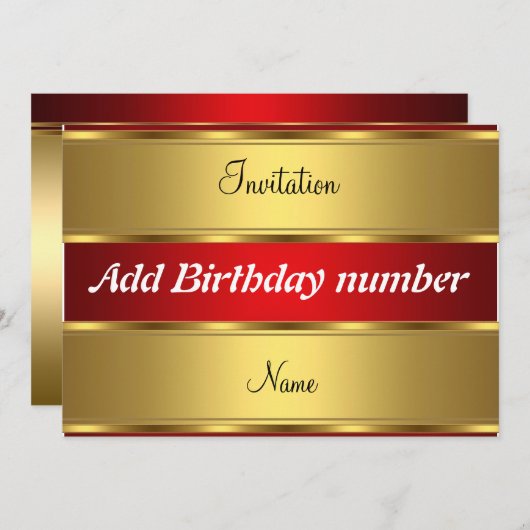 招待状金ゴールドと赤い誕生日パーティー 招待状 (正面/裏面)