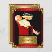 招待状金ゴールドと赤アールデコ 招待状 (正面/裏面)