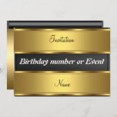 招待状金ゴールドと黒い誕生日パーティー 招待状 (正面/裏面)