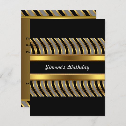 招待状金ゴールドグレーブラックメタルバースデーパーティー 招待状 (正面/裏面)