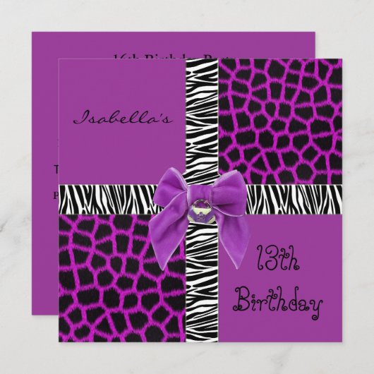 招待状1310代の誕生日野生紫動物 招待状 (正面/裏面)