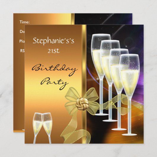 招待状21歳の誕生日パーティー紫エレガントの金ゴールド 招待状 (正面/裏面)