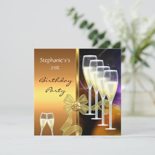 招待状21歳の誕生日パーティー紫エレガントの金ゴールド 招待状 (スタンド正面)