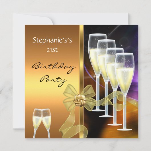 招待状21歳の誕生日パーティー紫エレガントの金ゴールド 招待状 (正面)