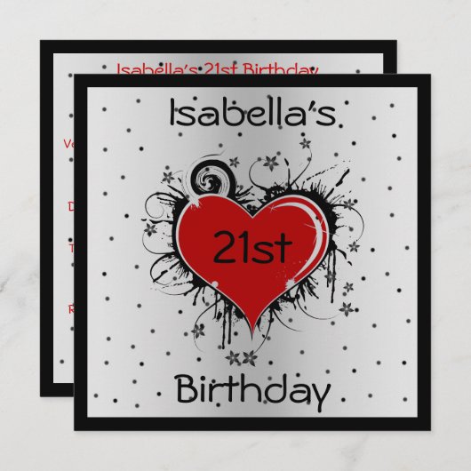 招待状21歳の誕生日赤いハートオンブラック&ホワイト 招待状 (正面/裏面)