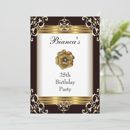 招待状25誕生日ブラックエレガント金ゴールドジュエル 招待状 (スタンド正面)