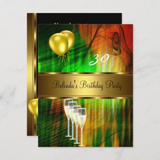 招待状30th誕生日パーティーグリーンイエローバルーン 招待状 (正面/裏面)