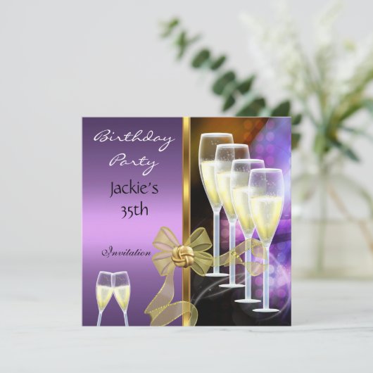 招待状35th誕生日パーティパープルエレガント金ゴールド 招待状 (スタンド正面)