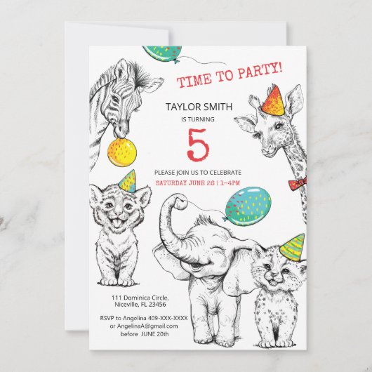 招待状5歳の誕生日おもしろいかわいい動物。 招待状 (正面)