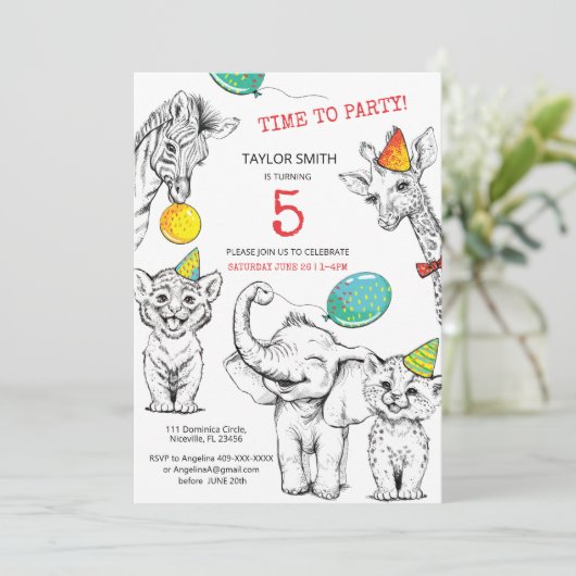 招待状5歳の誕生日おもしろいかわいい動物。 招待状 (スタンド正面)