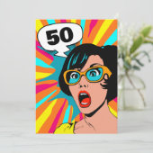 招待状50歳の誕生日に驚いた女性のアーポップ・アートのト シーズンカード (スタンド正面)