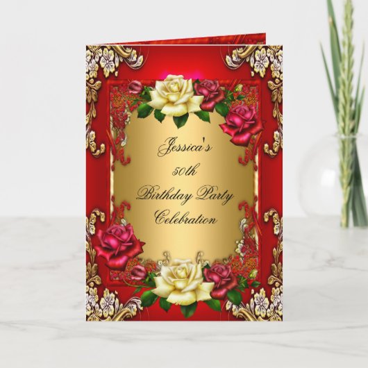 招待状50thバースデーパーティレッド金ゴールドバラ 招待状 (正面)