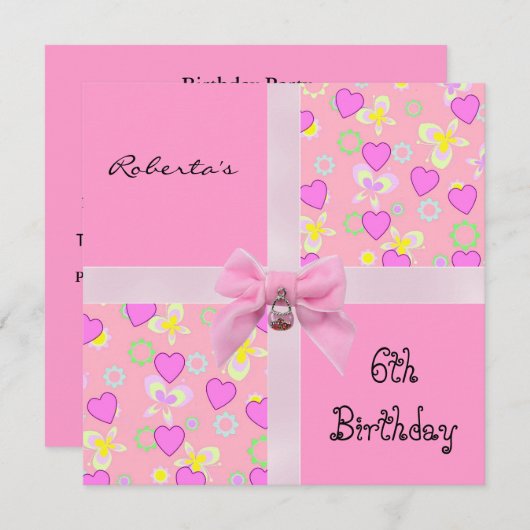 招待状6番目の誕生日ピンクハートボウガール 招待状 (正面/裏面)