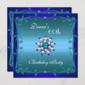 招待状60thバースデーパーティーティール（緑がかった色）深いブルーフローラ 招待状 (正面/裏面)