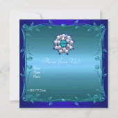 招待状60thバースデーパーティーティール（緑がかった色）深いブルーフローラ 招待状 (裏面)