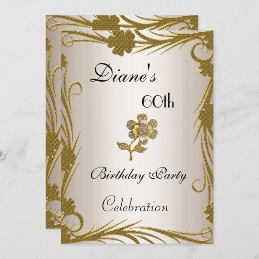 招待状60thバースデーパーティー金ゴールドオンクリームフローラ 招待状 (正面/裏面)