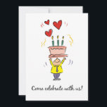 招待状90th Birthday Party with Cake 招待状<br><div class="desc">90歳の誕生日おもしろいパーティーのための非常にカラフルとイラストレーション。小さな男が赤いハートに囲まれたロウソク付きの巨大なケーキを持っている。素敵な招待状。</div>