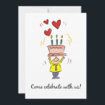 招待状90th Birthday Party with Cake 招待状<br><div class="desc">90歳の誕生日おもしろいパーティーのための非常にカラフルとイラストレーション。小さな男が赤いハートに囲まれたロウソク付きの巨大なケーキを持っている。素敵な招待状。</div>