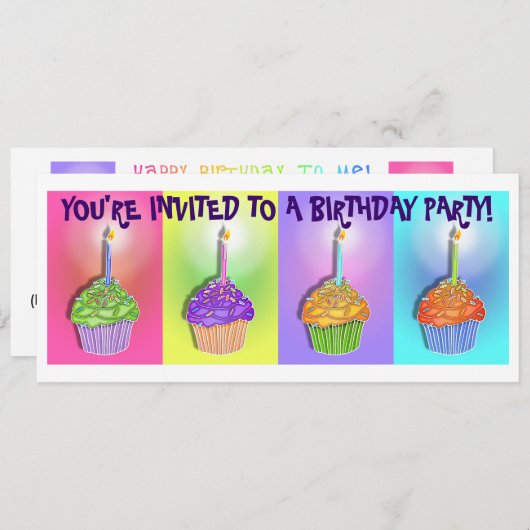 招待状-アートポップ・アートの誕生日カップケーキ 招待状 (正面/裏面)