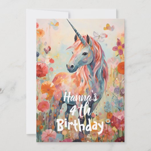 招待状 エレガント パステル ピンク 魔法のユニコーン (正面)