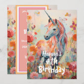 招待状 エレガント パステル ピンク 魔法のユニコーン (正面/裏面)