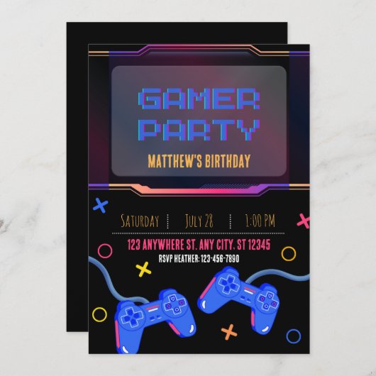 招待状 - ゲーマーパーティー - 名前と年齢をカスタマイズ (正面/裏面)