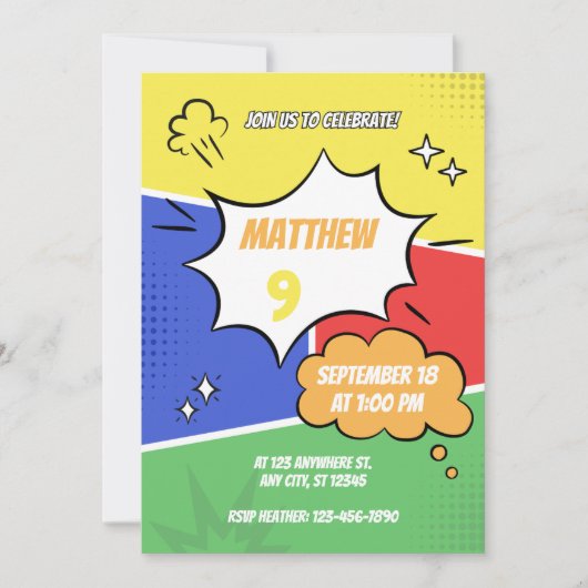 招待状 - コミックスタイル - 名前と年齢をカスタマイズ (正面)