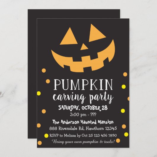 招待状、ハローウィンパーティの招待を切り分けるカボチャ 招待状 (正面/裏面)