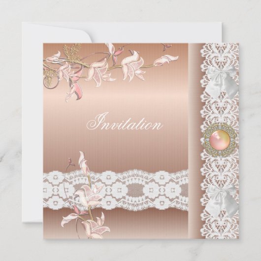 招待状 ピンクの花のレース (正面)