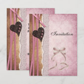 招待状 ピンク アンティーク紙 ボウ ハート (正面/裏面)