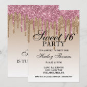 招待状 – ピンク&金ゴールドグリッタードリップSweet sixteen (正面/裏面)