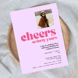 招待状、レトロパープル&ピンク、40歳の誕生日 ポストカード