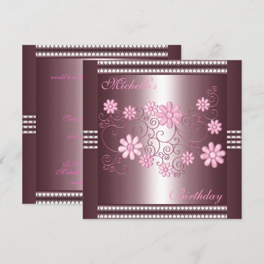 招待状 誕生日 ピンク 花 (正面/裏面)