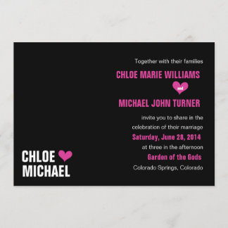 招待状-黒、ピンクハート 招待状