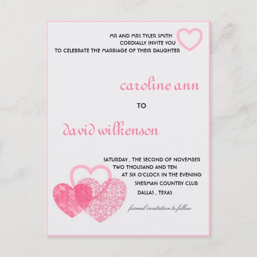 招待状- 2つのハートが1つとして動作 案内ポストカード (正面)