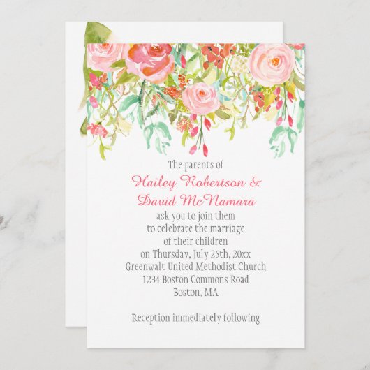 招待状#2ピンクローズミントワイルドフラワーズグリーン 招待状 (正面/裏面)