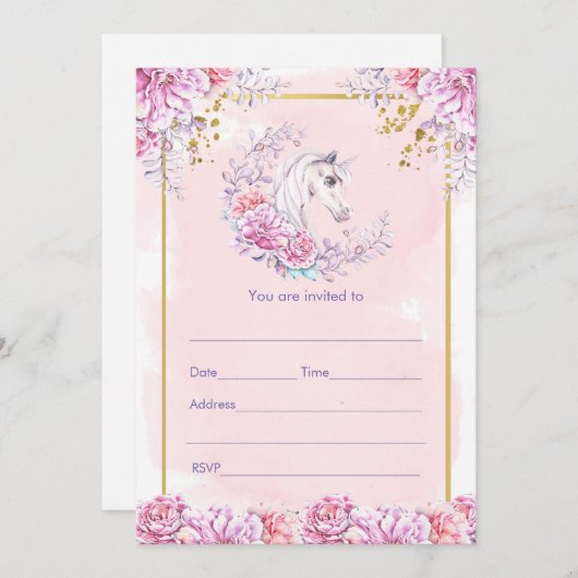 招待用水彩フローラユニコーン 招待状 (正面/裏面)