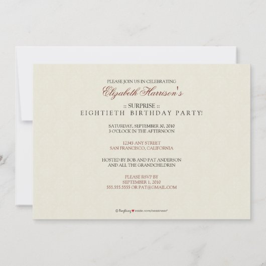 招待金年のダマスク織の誕生会の (pink) 招待状 (裏面)