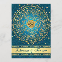 招待2を結婚するヒンズー教のGaneshのティール（緑がかった色）の金ゴールドスクロール 招待状