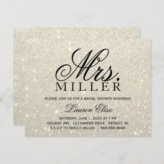 招待-ホワイトゴールドのGlitのすてきな夫人ブライダルシャワー2 招待状 (正面/裏面)