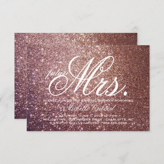 招待-夫人はグリッターのブライダルシャワーの未来の上がりました 招待状 (正面/裏面)