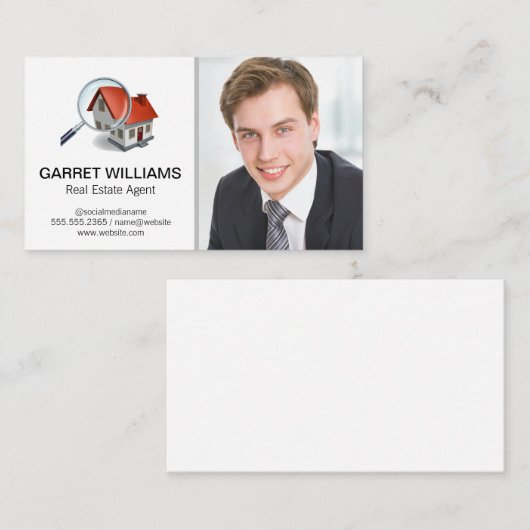 拡大鏡のホームロゴ | 笑顔のビジネスマン 名刺 (正面/裏面)