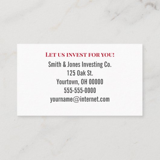 拡大鏡の下に文字を投資する 名刺 (裏面)