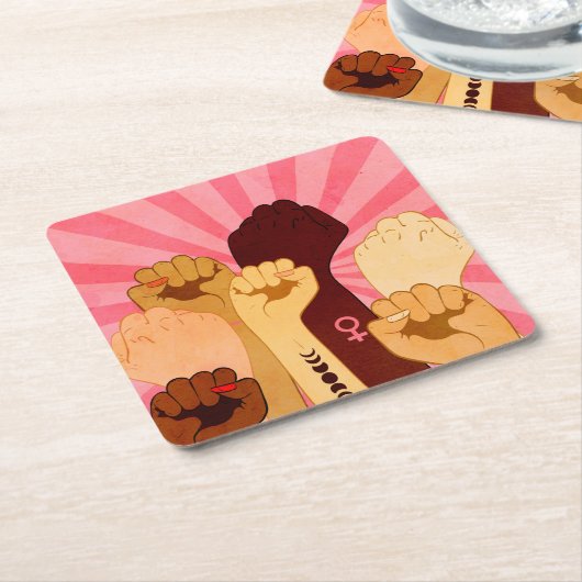 拳を挙げた女性の手 スクエアペーパーコースター (アングル)