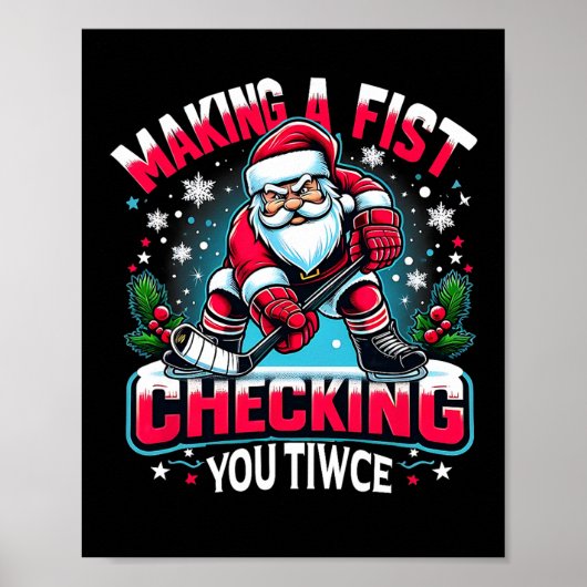 拳を握って二度チェックするクリスマスサンタホッケー ポスター (正面)