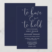 「持つことと保持すること」ネイビーブルーの結婚式の脚本 招待状 (正面/裏面)