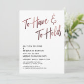 「持つことと保持すること」ローズゴールドの結婚式の披露宴 招待状 (スタンド正面)